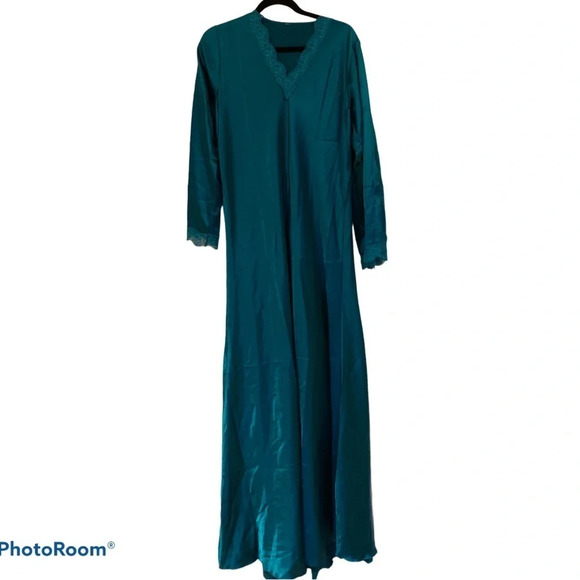 Vintage Teal Olga style lace trim long sleeve  night dress Sz M - Picture 14 of 16